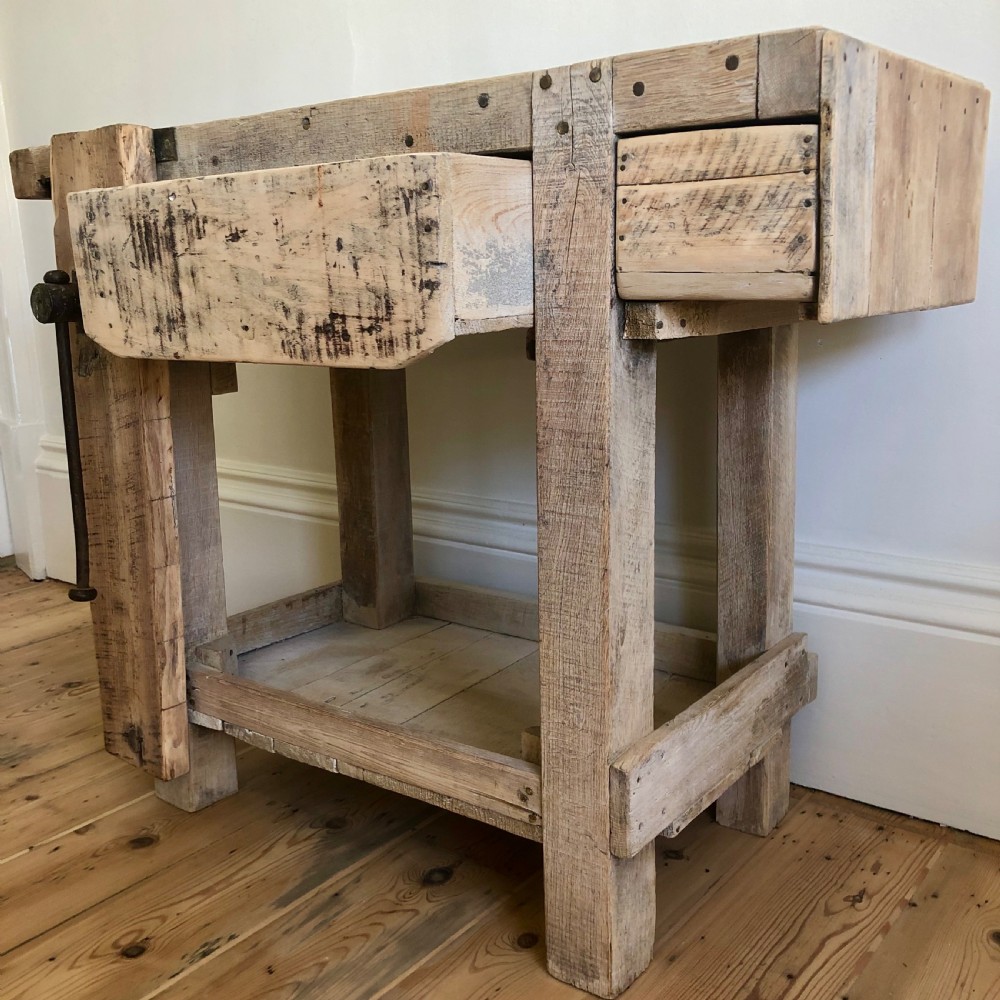 Antique French industrial work bench with vice View III