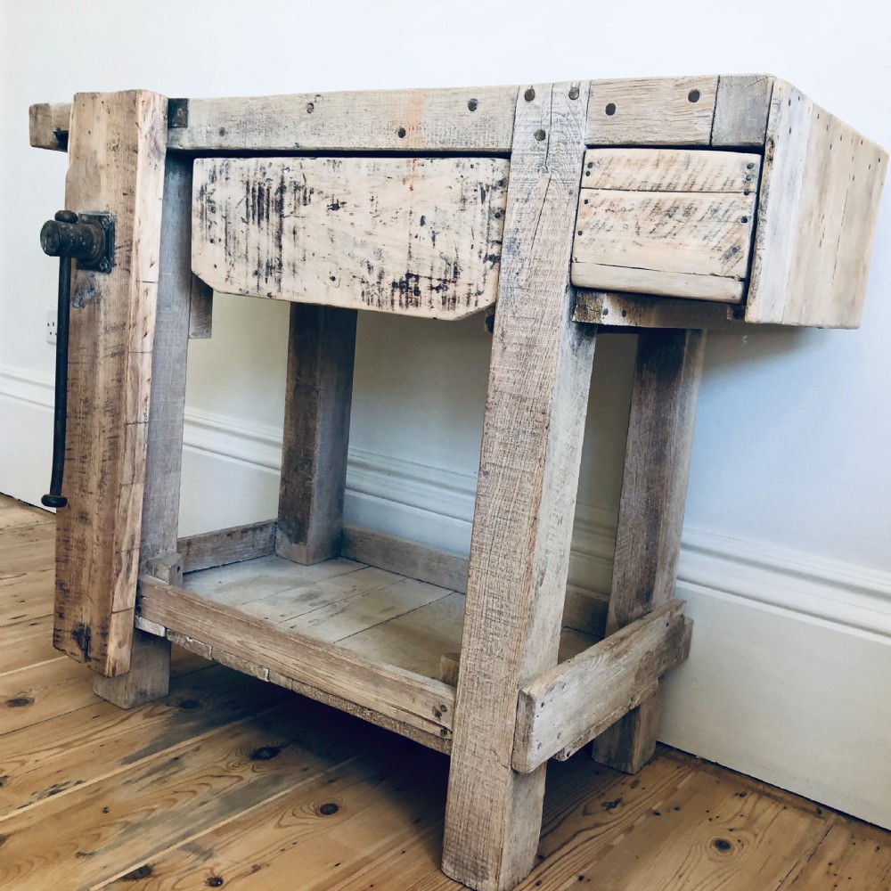 Antique French industrial work bench with vice View VI