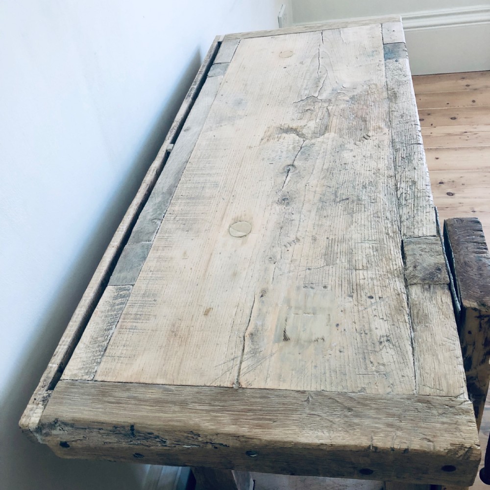 Antique French industrial work bench with vice View VII