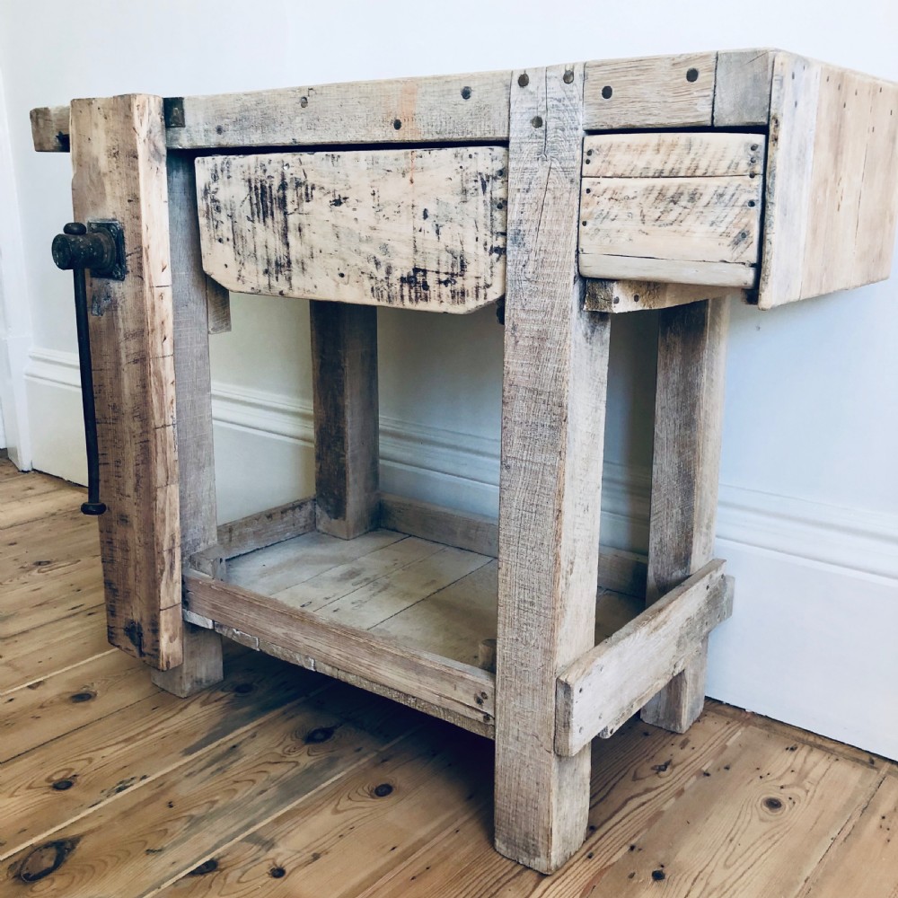 Antique French industrial work bench with vice View VIII