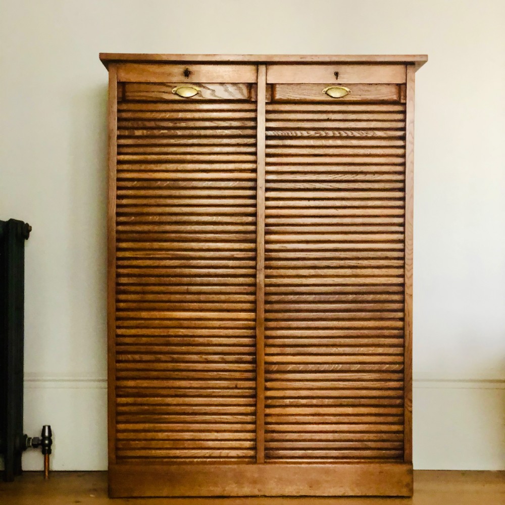 French antique oak double tambour filing cabinet 
