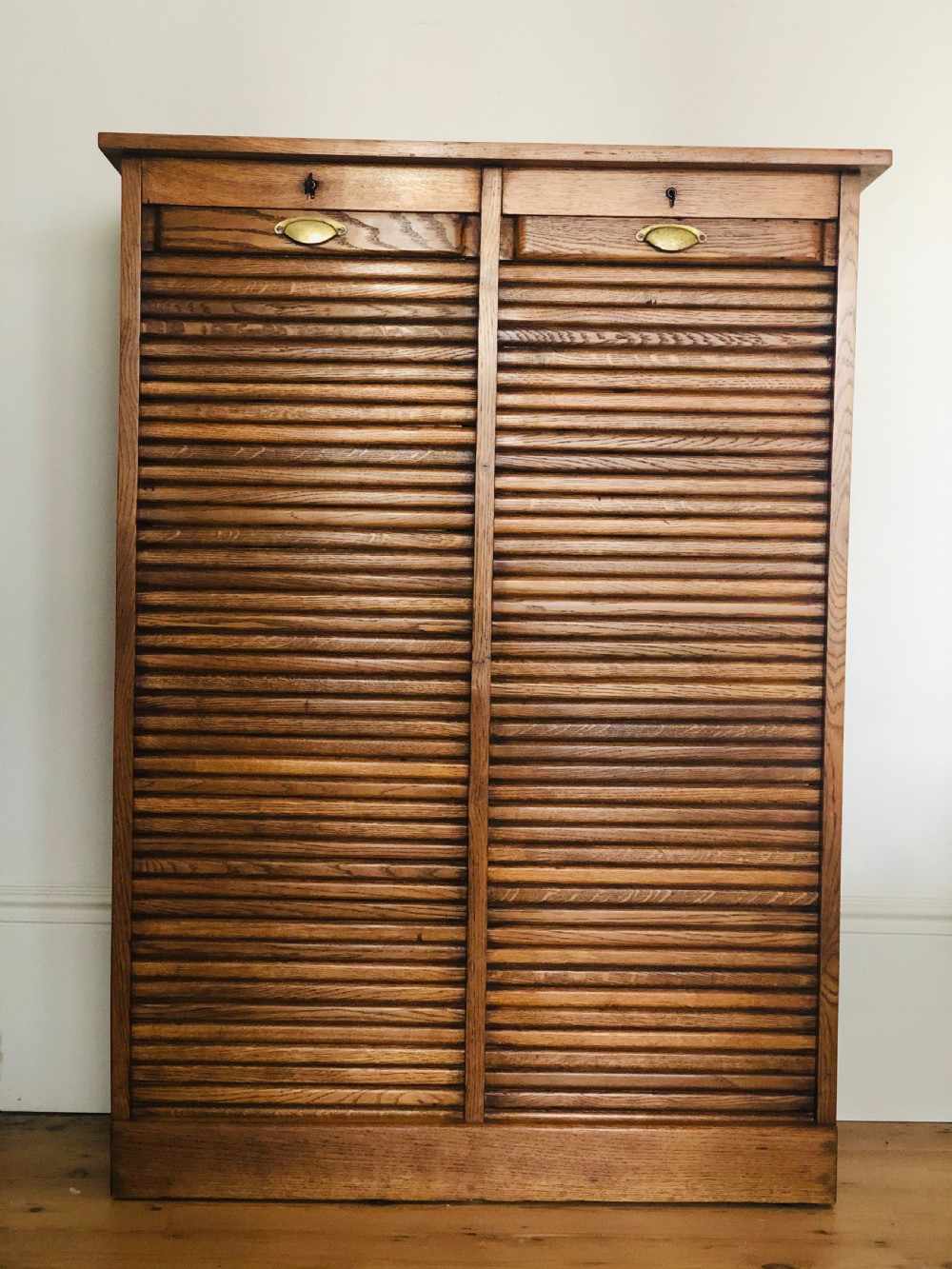 French antique oak double tambour filing cabinet  View II