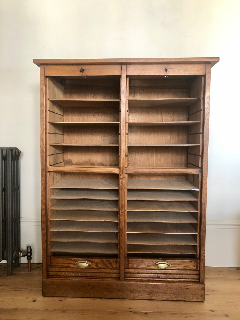 French antique oak double tambour filing cabinet  View V