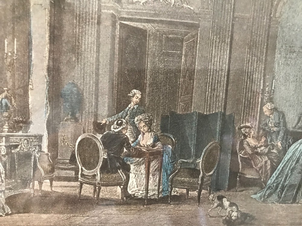 A rectangular French gilded easel mirror featuring a carved twist border, a top panel depicting a period scene, and mirror glass below. View II