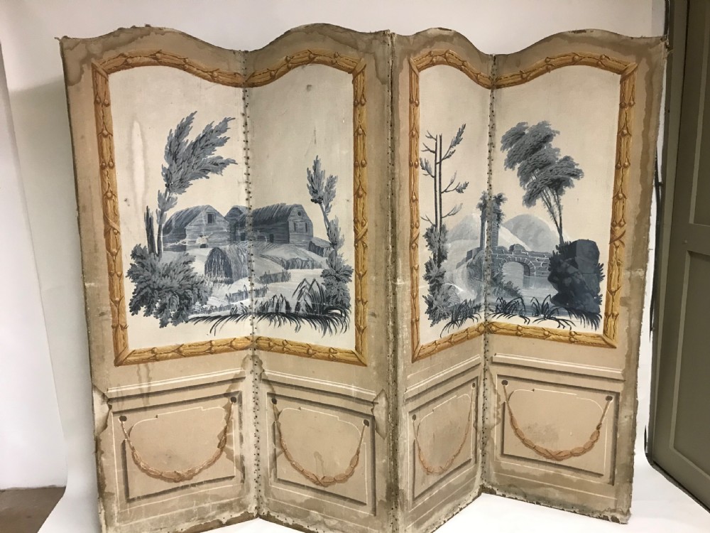 A four-panel French folding screen featuring hand-painted monochrome landscape scenes above simulated wooden wall panelling. View II