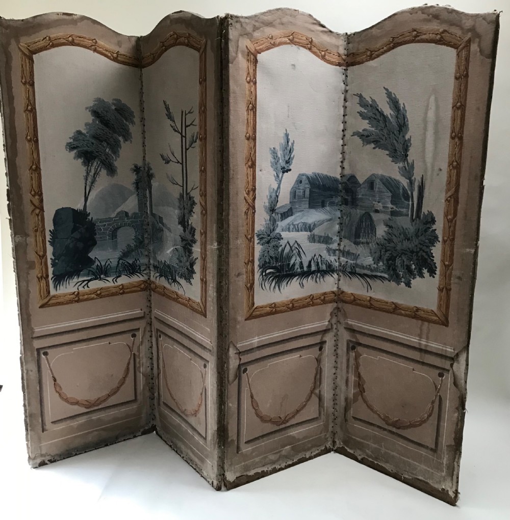 A four-panel French folding screen featuring hand-painted monochrome landscape scenes above simulated wooden wall panelling. View IV