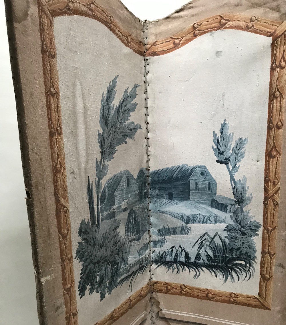 A four-panel French folding screen featuring hand-painted monochrome landscape scenes above simulated wooden wall panelling. View IX