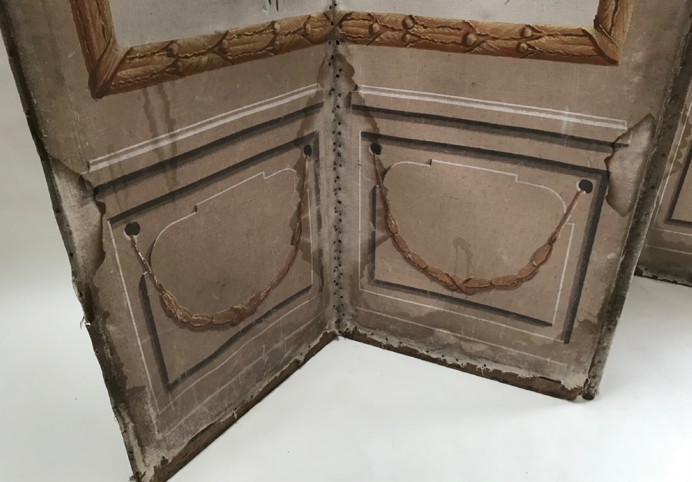 A four-panel French folding screen featuring hand-painted monochrome landscape scenes above simulated wooden wall panelling. View XI