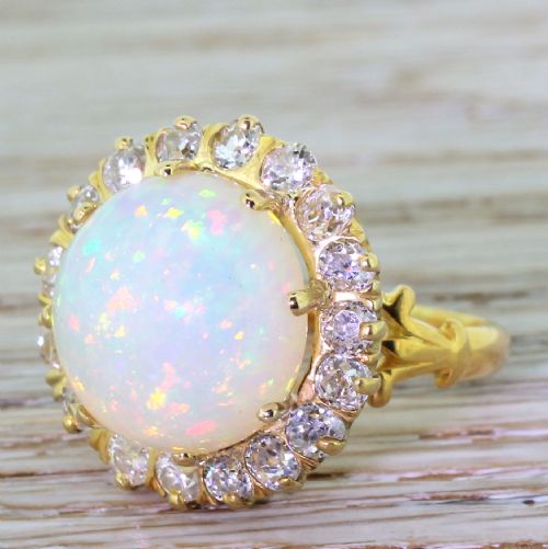 Retro 5.00 Carat Opal & 1.36 Carat Old Cut Diamond Ring, Circa 1945
