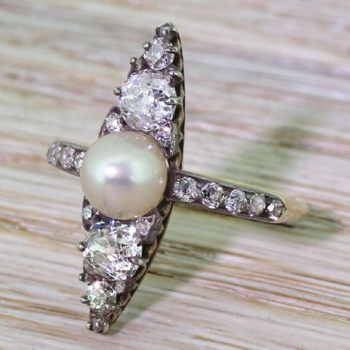 Victorian Natural Pearl & Old Cut Diamond Navette Ring, Circa 1870
