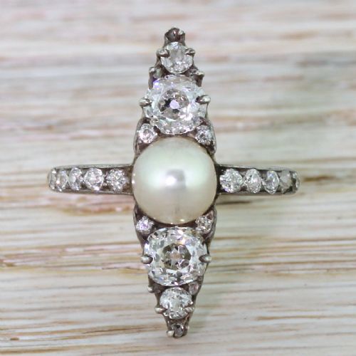 fig 1. Victorian Natural Pearl & Old Cut Diamond Navette Ring, circa 1870
