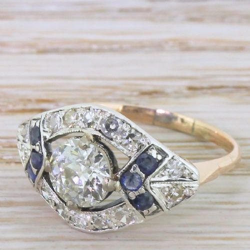 Art Deco 1.75 Carat Old Cut Diamond & Sapphire Cluster Ring, circa 1940
