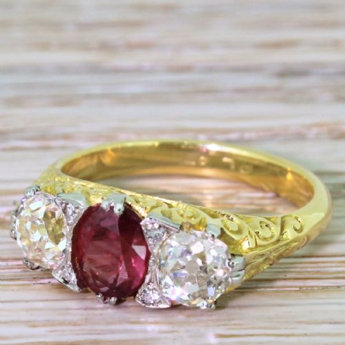 Early 20th Century 1.22 Carat Ruby & 1.38 Carat Old Cut Diamond Trilogy Ring, Circa 1925
