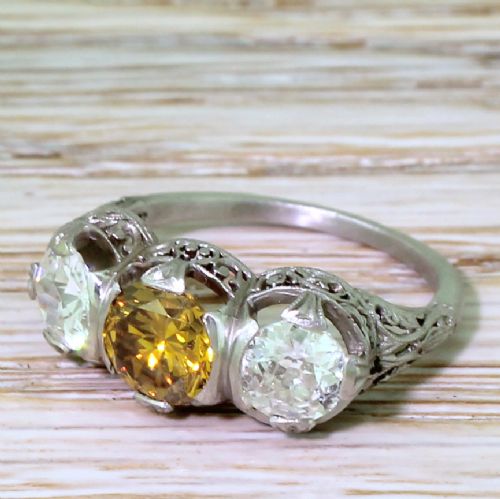 Art Deco 2.10 Carat Fancy Intense Yellow & White Diamond Trilogy Ring, Circa 1925
