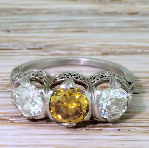 fig 1. Art Deco 2.10 Carat Fancy Intense Yellow & White Diamond Trilogy Ring, circa 1925