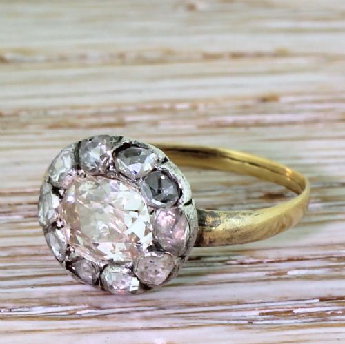 Victorian 1.19 Carat Old Cut & Rose Cut Diamond Cluster Ring, Circa 1850
