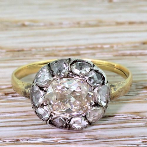 fig 1. Victorian 1.19 Carat Old Cut & Rose Cut Diamond Cluster Ring, circa 1850
