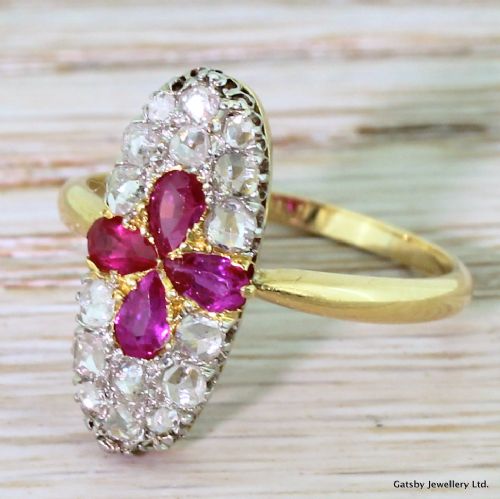 Edwardian Pear Cut Ruby & Rose Cut Diamond Cluster Ring, Circa 1910
