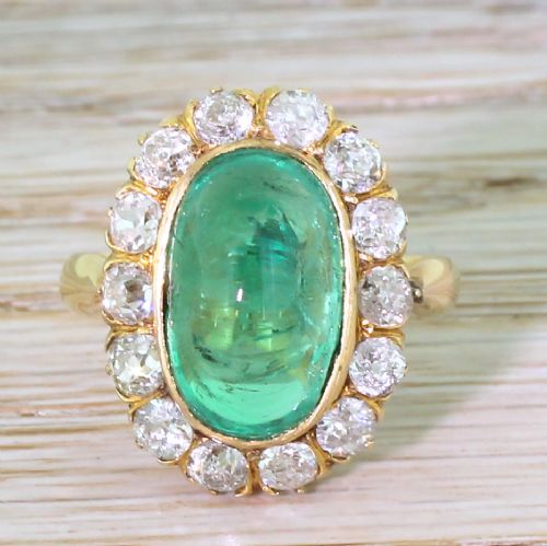 fig 1. Art Deco 6.43 Carat Colombian Cabochon Emerald & Diamond Cornet Cluster Ring, circa 1920