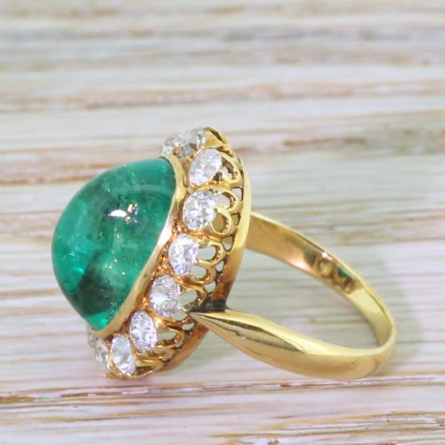 fig 2. Art Deco 6.43 Carat Colombian Cabochon Emerald & Diamond Cornet Cluster Ring, circa 1920