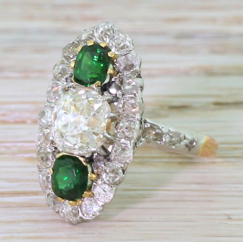Edwardian 2.35 Carat Old Cut Diamond & Tourmaline Cluster Ring, French, Circa 1910
