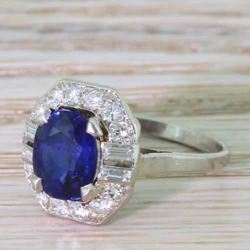 Art Deco 3.00 Carat Natural Burmese Sapphire & Diamond Ring, Circa 1935