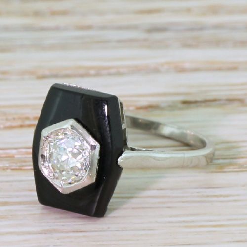 Art Deco 0.56 Carat Old Cut Diamond & Onyx Ring, Circa 1930
