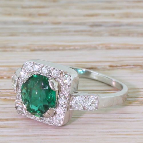 Art Deco 1.08 Carat Emerald & 0.42 Carat Diamond Cluster Ring, Circa 1930

