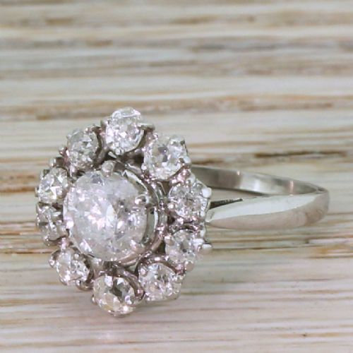 Mid Century 2.06 Carat Brilliant & Old Cut Diamond Cluster Ring, Circa 1960