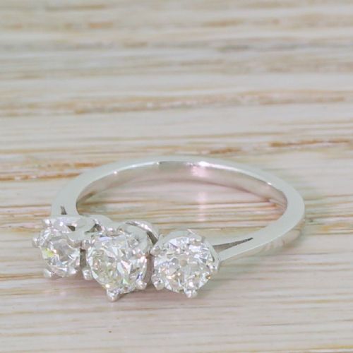 1.38 Carat Old Cut Diamond Trilogy Ring, Platinum
