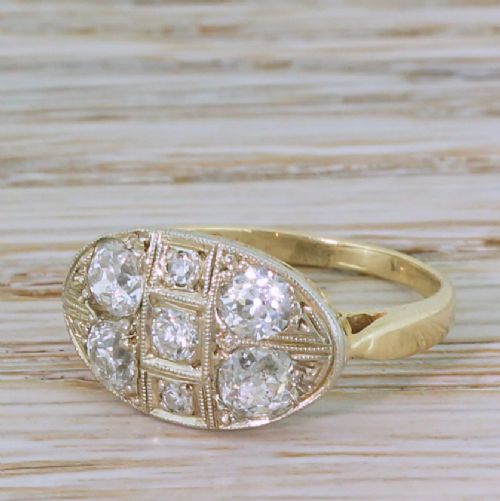 Art Deco 1.12 Carat Old Cut Diamond Lateral Cluster Ring, Circa 1950