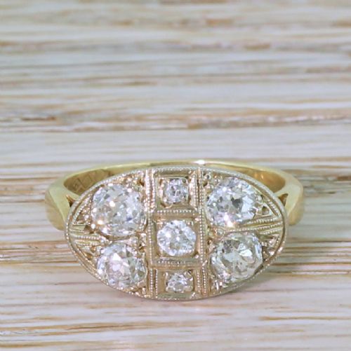 fig 1. Art Deco 1.12 Carat Old Cut Diamond Lateral Cluster Ring, circa 1950