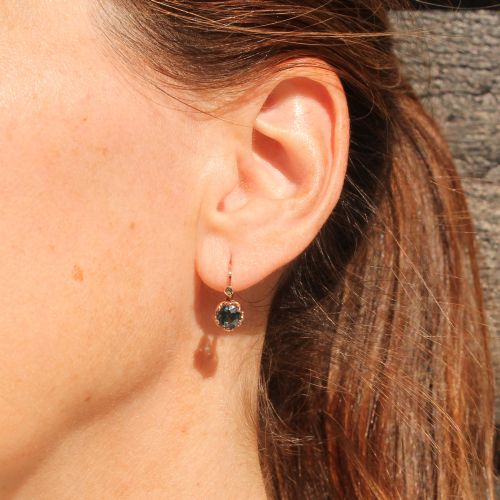 fig 1. A pair of late Victorian rose gold drop earrings set with circular brilliant teal sapphires in crown claw mountings with leverback fittings.