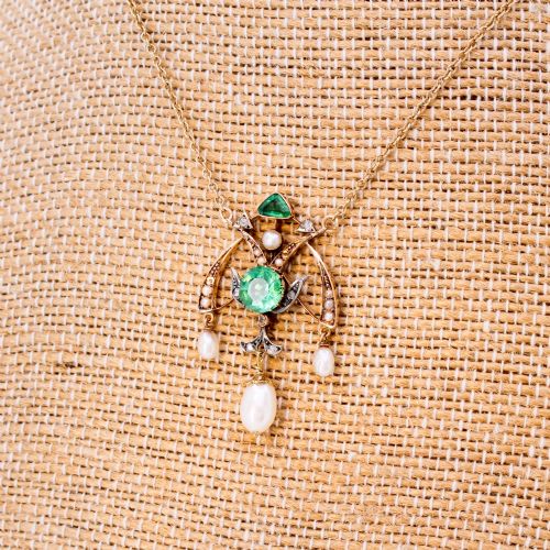 Art Nouveau 1.10 Carat Emerald, Natural Pearl & Diamond Pendant, Circa 1905
