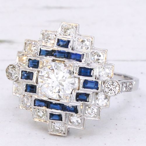 Art Deco 0.90 Carat Diamond & Sapphire Cluster Ring, circa 1940