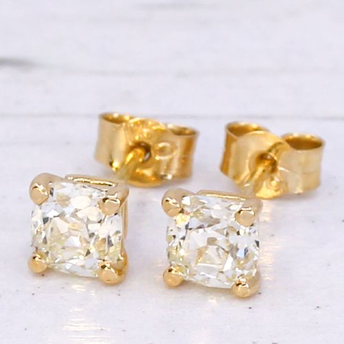 1.18 Carat Old Mine Cut Diamond Stud Earrings, 18k Yellow Gold