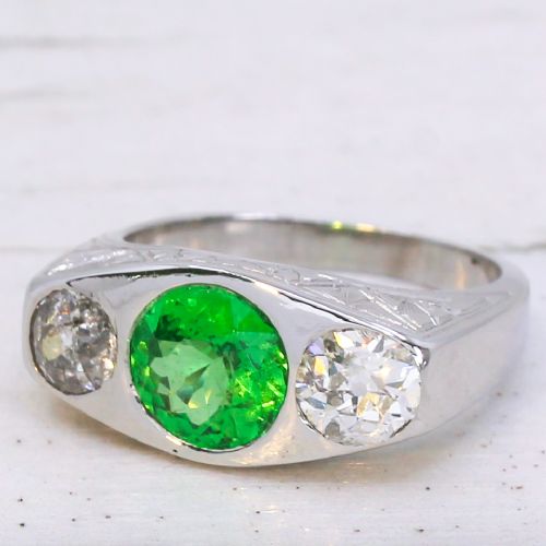 Antique 1.37 Carat Tsavorite & Old Cut Diamond Ring, Circa 1940