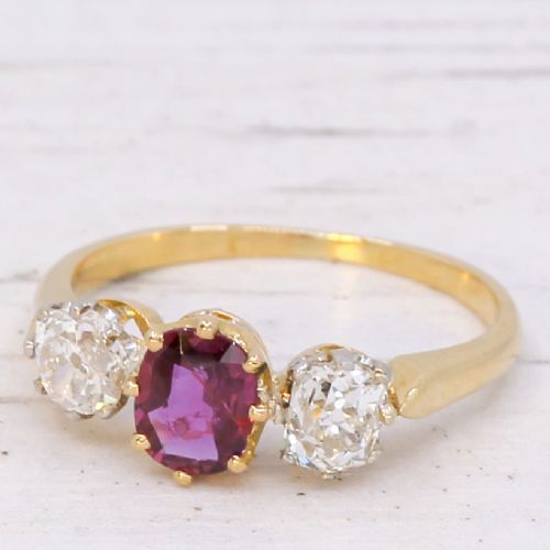 Antique 0.64 Carat Unheated Ruby & 0.85 Carat Diamond Ring, Circa 1920