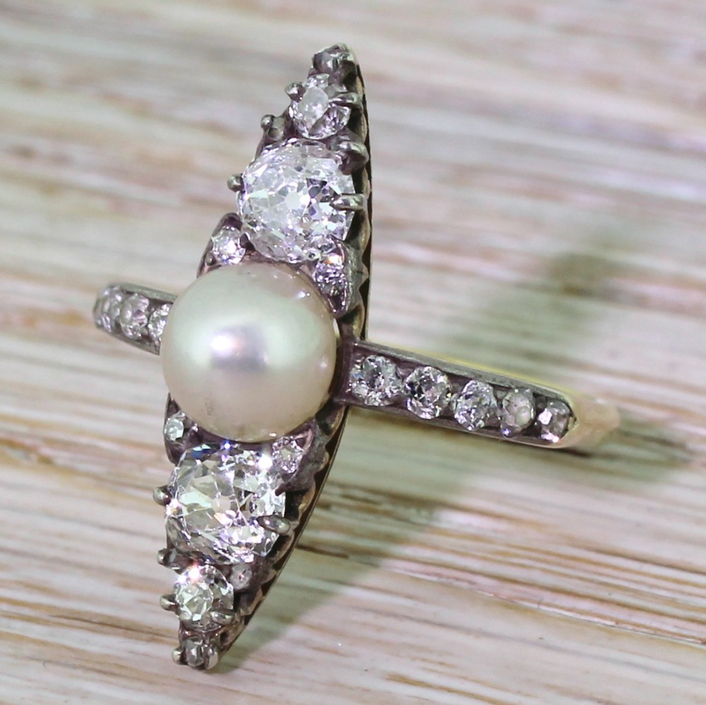 Victorian Natural Pearl & Old Cut Diamond Navette Ring, circa 1870
