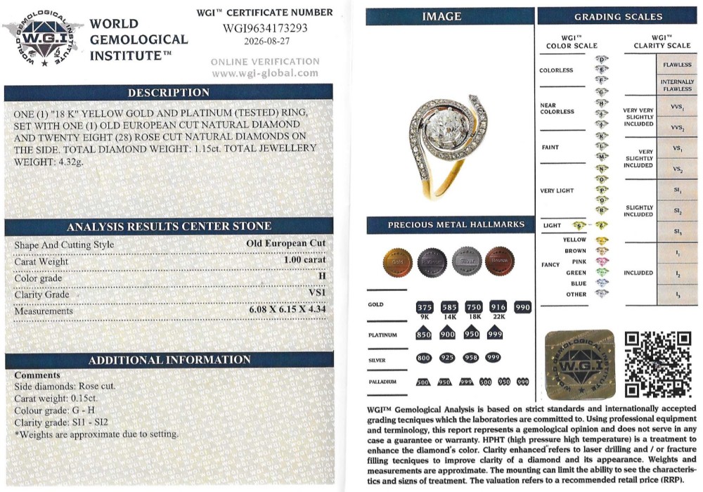 An antique Edwardian diamond ring featuring a central old cut diamond wrapped in a platinum-faced swirl setting studded with small accent diamonds on a yellow gold band. View VII
