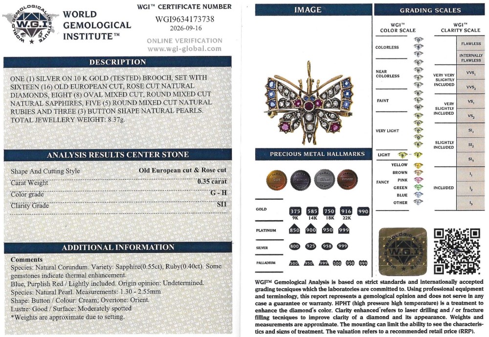 A Victorian butterfly brooch set with rubies, sapphires, diamonds, and natural pearls in silver and gold. View VIII