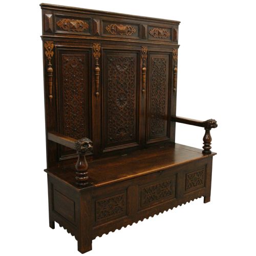 Victorian Carved Oak Monks Bench