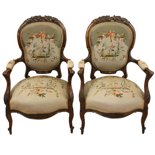 Pair of Mid Victorian Carved Walnut Armchairs