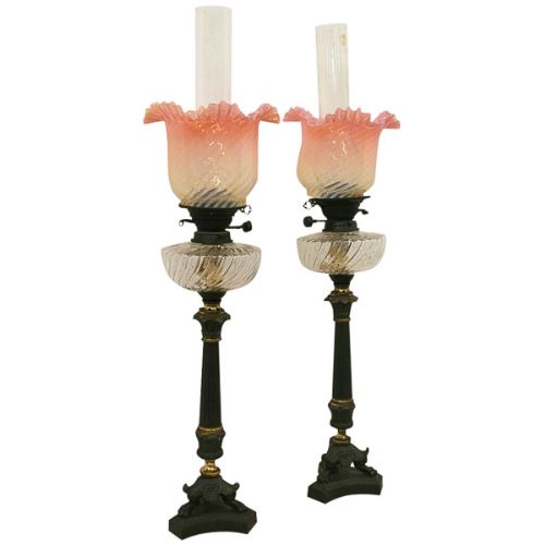 Rare Pair of Empire Style Oil Lamps