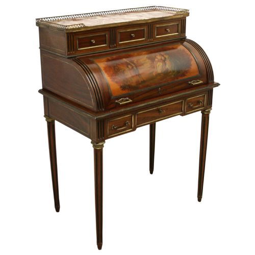 French Mahogany Painted Ladies Cylinder Bureau