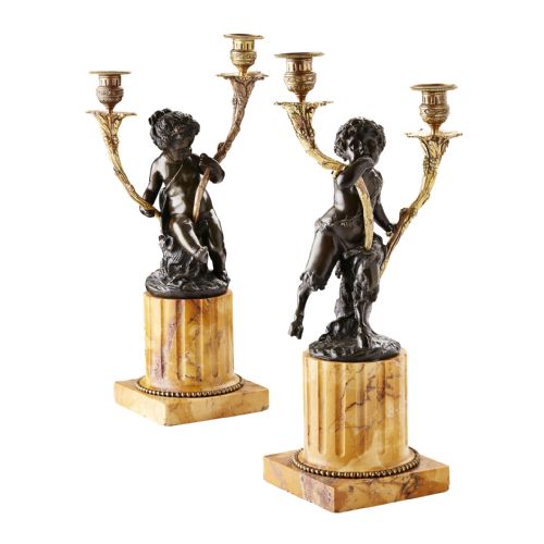 Pair of French Gilt and Patinated Bronze Candelabra