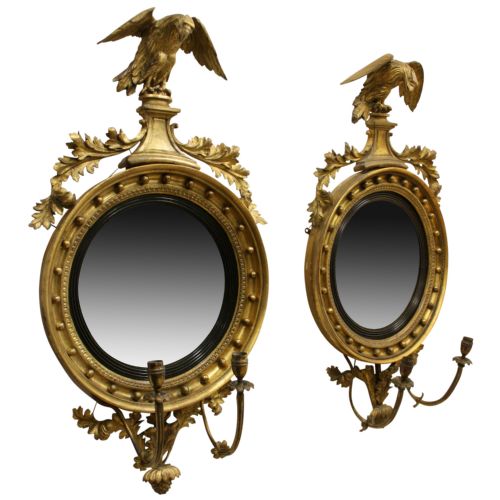Pair of Regency Giltwood Convex Mirrors