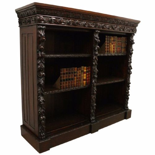 Mid Victorian Carved Oak Open Bookcase