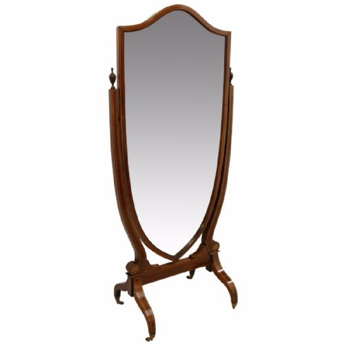 Edwardian Sheraton Style Mahogany Inlaid Cheval Mirror