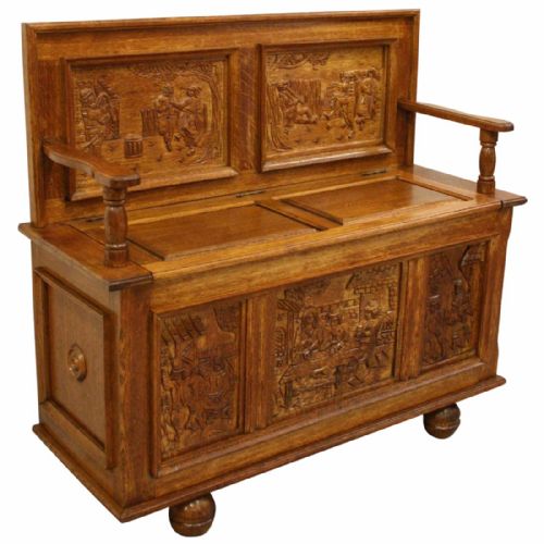 Carved Oak Monks Bench